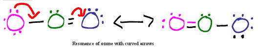 An illustration of the resonance of ozone, with arrows describing the movement of electrons An illustration of the resonance of ozone, with arrows describing the movement of electrons